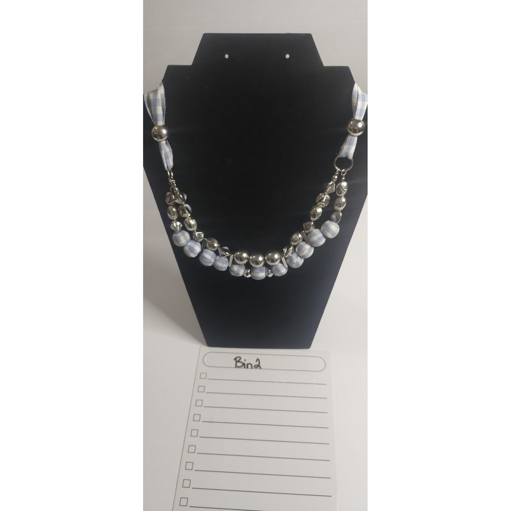 Blue White Gingham‎ Ribbon Double Strand Silver Tone Beaded Statement Necklace